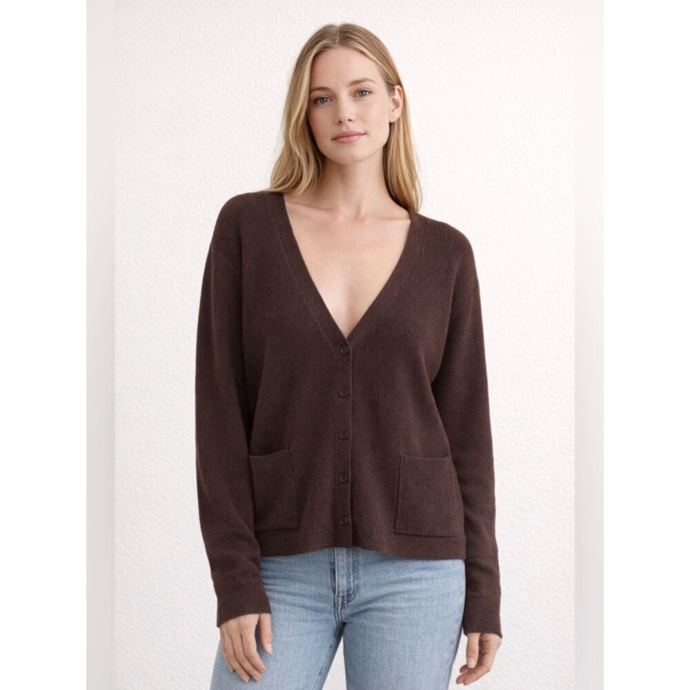 Eileen Fisher Brownstone Deep V-Neck Button Cardigan Sweater size Medium